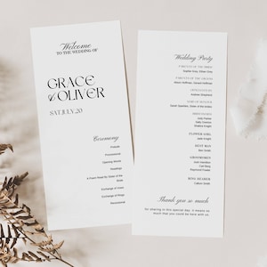 Moderne Hochzeitsprogramm-Vorlage, doppelseitiges, druckbares Hochzeits-Zeremonieprogramm, Elegante Ordnungskarte, Reihenfolge der Ereignisse Karte AT24
