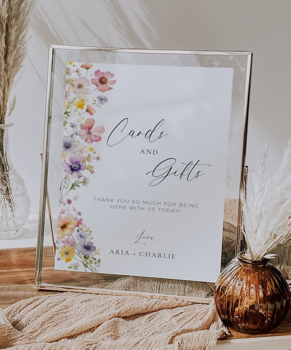 Wildflower Cards and Gifts Sign Wedding, Floral Gift Card Box Sign, Bridal Shower Signage, Elegant Table Decor, Editable Canva Template AT13