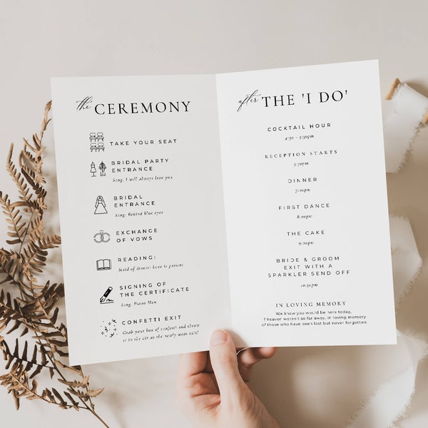 Elegant Folded Wedding Program Template, Bi Fold Ceremony Schedule, Minimal Order of Service Booklet, Double-Sided Reception Program AT10