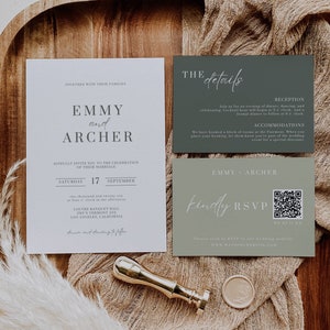 Sage Green Wedding Invitation Suite with Qr Code, Minimal Invite Set with Details Card, Modern Qr Code Rsvp, Editable Templates Bundle AT06