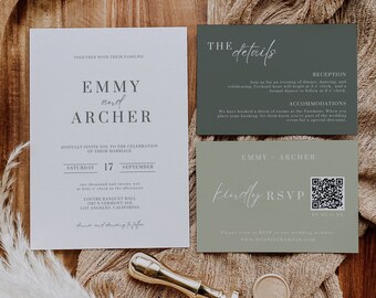 Suite de invitación de boda Sage Green con código Qr, conjunto de invitación mínimo con tarjeta de detalles, Rsvp de código Qr moderno, paquete de plantillas editables AT06