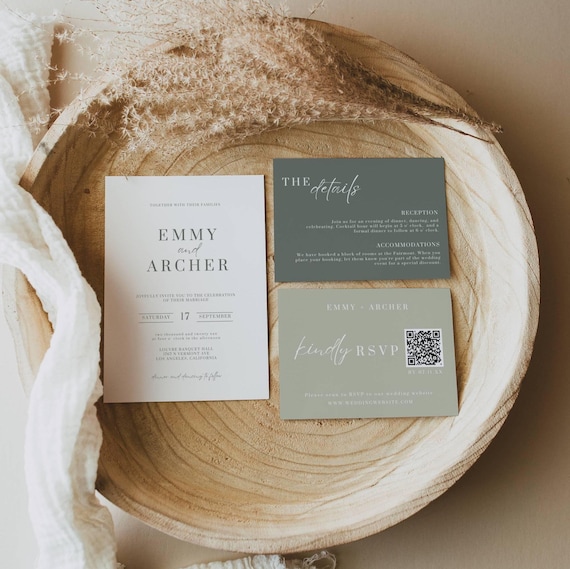 Sage Green Wedding Invitation Suite with Qr Code, Minimal Invite Set with Details Card, Modern Qr Code Rsvp, Editable Templates Bundle AT06