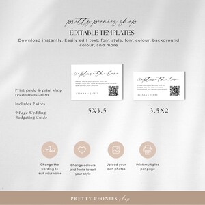 May include: Editable template for a wedding capture the code sign. The sign is white with black text and a QR code. The sign is available in two sizes: 5x3.5 inches and 3.5x2 inches. The sign is customizable with different fonts, colors, and photos.