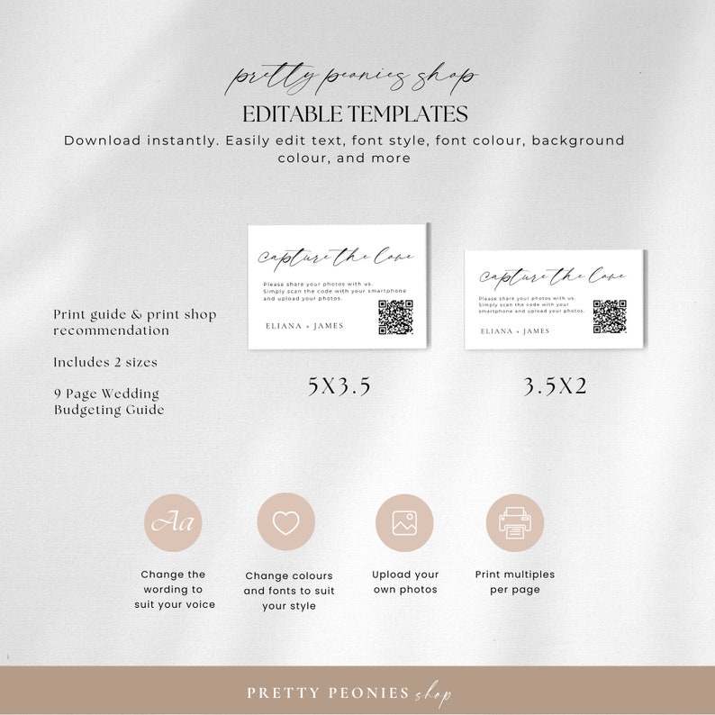 May include: Editable template for a wedding capture the code sign. The sign is white with black text and a QR code. The sign is available in two sizes: 5x3.5 inches and 3.5x2 inches. The sign is customizable with different fonts, colors, and photos.