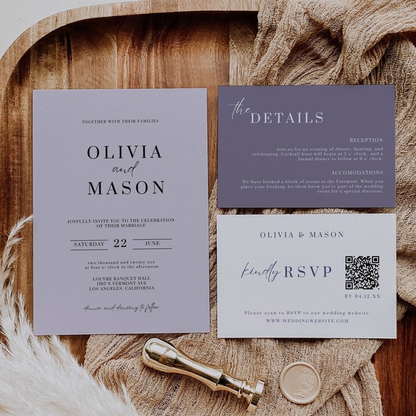 Wedding Invitations Suite Lavender, Lilac Invite Set with Details Card, Purple Wedding Qr Code Rsvp, Editable Wedding Templates Bundle AT07