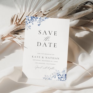 Blau Toile Save the Date Einladung Digital, Blumenhochzeit Save the Dates Französisch Blau, Printable Save Our Date einladen Minimalist-AT09