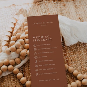 Plantilla de itinerario de boda en terracota, programa de ceremonia de boda boho, tarjeta de orden de eventos en tono óxido, itinerario imprimible con íconos de eventos AT03