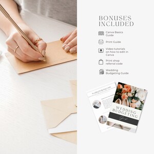 May include: A digital download of a wedding budgeting guide with a floral design and the text "Wedding Budgeting Guide". The guide includes tips for determining your budget, setting priorities, and tracking expenses.