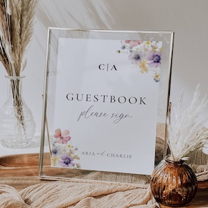 Wildflower Wedding Guestbook Sign Template, Guest Book Table Sign Floral, Please Sign Our Guestbook Sign, Minimal Reception Signage  -AT13