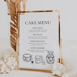 Puede incluir: Un letrero "CAKE MENU" con marco dorado y fondo blanco. El menú enumera los sabores de pastel: Vainilla, Terciopelo Rojo, Fudge de Chocolate y Frambuesa de Limón. Dibujos lineales de pasteles en la parte inferior.