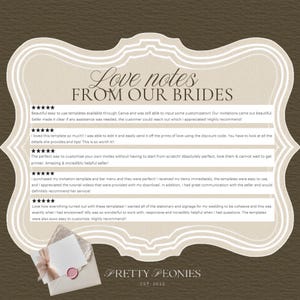 May include: A brown background with a decorative frame containing customer reviews. The text "Love notes FROM OUR BRIDES" is at the top. Below are five-star reviews about wedding templates. A small envelope with a pink wax seal is at the bottom.