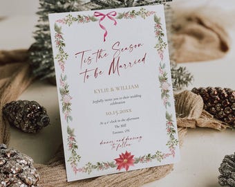 Tis The Season To Be Married Invites, Christmas Wedding Invitation, Holiday Wreath Digital Invitation, Winter Reception Card AT30