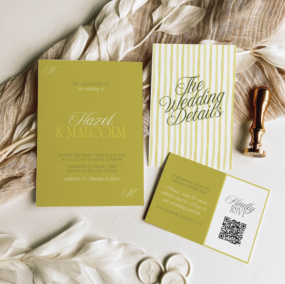 Chartreuse Wedding Suite, Lime Green Invitation Template, Retro Stripes ...