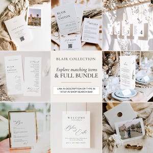 May include: A collection of elegant wedding stationery, including invitations, RSVP cards, and table numbers. The designs feature minimalist typography and a soft, neutral color palette. The text "Blair & Easton" is prominently displayed on several items.