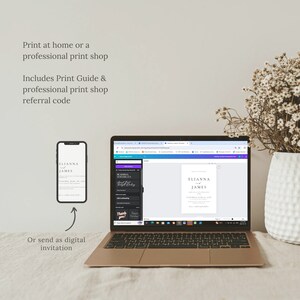 May include: A digital wedding invitation template with a minimalist design featuring the names "ELIANNA & JAMES" in a simple font. The invitation is displayed on a laptop screen and a smartphone, showcasing the versatility of the design for both digital and printed formats.