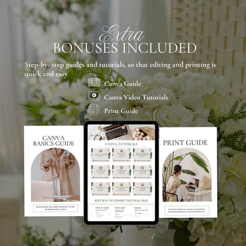 May include: A digital product advertisement featuring a tablet and two guides. The tablet displays a Canva tutorial. The guides are labeled "Canva Basics Guide" and "Print Guide." The text "Extra Bonuses Included" is at the top, with additional text about editing and printing.