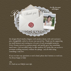 May include: An open white envelope with a red wax seal, a card that says "Thank you", and a photo of a woman. The envelope is on a white lace doily. The background is a dark brown color.