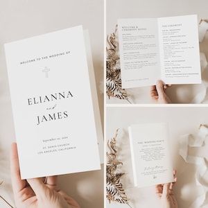 Könnte beinhalten: Ein Set aus drei Hochzeitsbriefpapier-Elementen. Das erste zeigt den Text "WELCOME TO THE WEDDING OF ELIANNA and JAMES" mit einem Kreuzsymbol. Das zweite zeigt Zeremoniennotizen. Das dritte listet die Details der Hochzeitsgesellschaft auf.