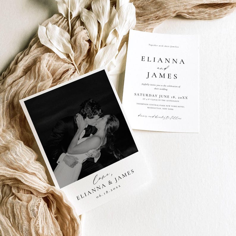 May include: Elegant wedding invitation suite featuring a black and white photo of a couple kissing. The invitation card includes the names "Elianna and James" and the wedding date. The design is minimalist with a classic font.