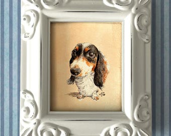 FRAMED and Signed Piebald Dachshund Art Print – Watercolor Wiener Dog Portrait Wall Decor Sausage Dog Artwork Original
