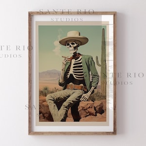 Cigar Trails / Retro Skeleton Cowboy Art, Western Wall Art, Cowboy Retro Art, Road Trip Gift, Eclectic Art, Southwestern Print, Skull Art