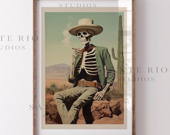 May include: A skeleton wearing a green jacket and cowboy hat sits on a rock in a desert landscape. The skeleton is smoking a cigar and has a belt with a buckle. The background is a desert scene with mountains and cacti.