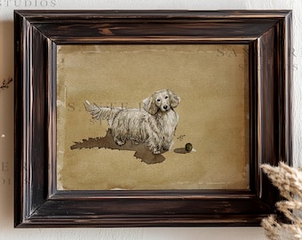 Cream Dachshund with Ball Art Print: Watercolor Wiener Dog Portrait