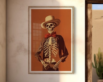 Bony Bandit / Retro Skeleton Cowboy Art, Western Wall Art, Cowboy Retro Art, Road Trip Gift, Eclectic Art, Southwestern Art Print, Skull Art