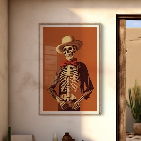 Bony Bandit / Retro Skeleton Cowboy Art, Western Wall Art, Cowboy Retro Art, Road Trip Gift, Eclectic Art, Southwestern Art Print, Skull Art