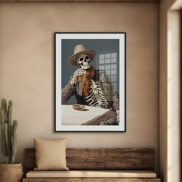 Dead Man's Drink / Retro Skeleton Cowboy Art, Western Wall Art, Cowboy Art, Road Trip Gift, Eclectic Art, Southwestern Art Print, Skull Art