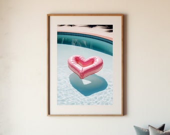 Palm Springs Heart Floatie Art Print / Vintage Home Decor, Retro California Art, Southwestern Decor, Eclectic Art, Pink Pool Art, 70s Vibes