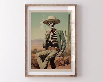 Cigar Trails / Retro Skeleton Cowboy Art, Western Wall Art, Cowboy Retro Art, Road Trip Gift, Eclectic Art, Southwestern Print, Skull Art