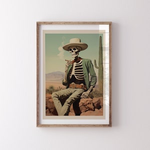 Cigar Trails / Retro Skeleton Cowboy Art, Western Wall Art, Cowboy Retro Art, Road Trip Gift, Eclectic Art, Southwestern Print, Skull Art