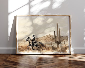 Spirit of the West / Retro Skeleton Cowboy Art, Western Wall Art, Pen Drawing, Watercolor Desert Landscape, Southwestern Print, Saguaro Art