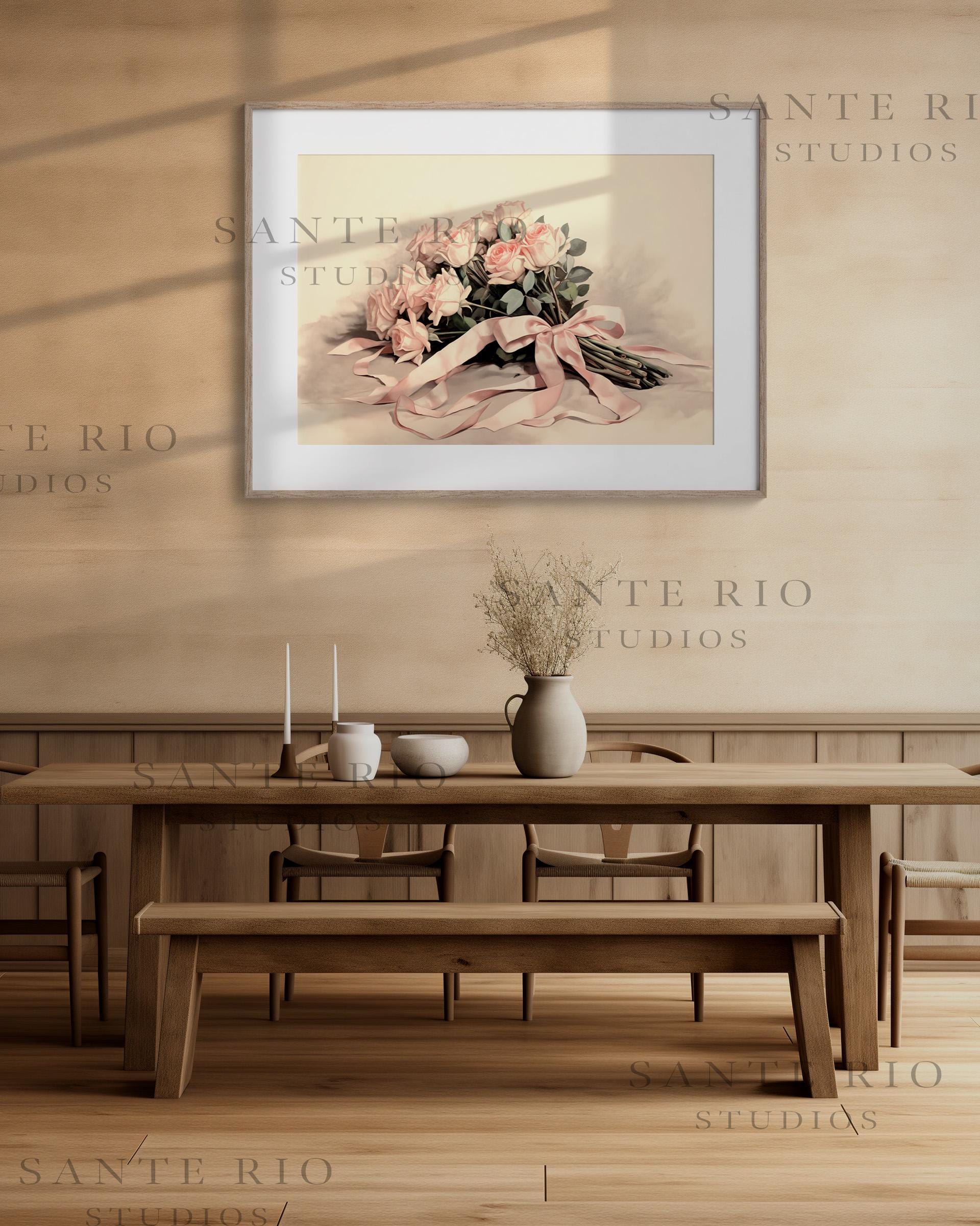 Rose Ribbon Bouquet Art Print: Vintage Floral With Pink Ribbon - Etsy