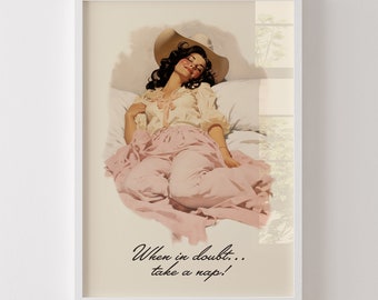 Cowgirl Daydreams: When in Doubt, Take a Nap! / Vintage Advertisement Wall Art, Aesthetic Pink Decor, Western Retro Art, Coastal Travel Art