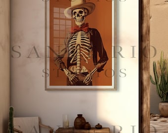 Bony Bandit: Retro Skeleton Cowboy Art Print, Southwestern Eclectic Wall Decor