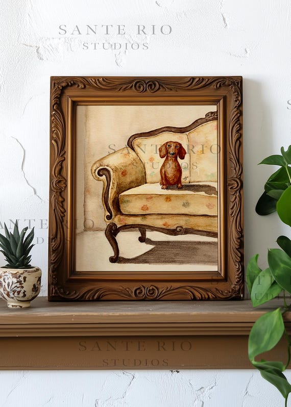 Dachshund Art Print: Little Red Doxie on Floral Couch UNFRAMED