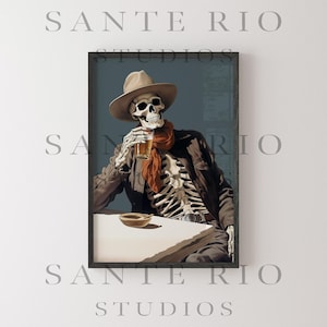 Dead Man&#39;s Drink: Retro Skeleton Cowboy Art Print, Southwestern Eclectic Wall Decor