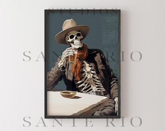 Dead Man's Drink: Retro Skeleton Cowboy Art Print, Southwestern Eclectic Wall Decor