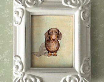 FRAMED Smooth Brown and Tan Dachshund Watercolor Art Print: Signed Wiener Dog Portrait