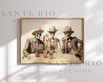 May include: Three skeletons wearing cowboy hats and drinking beer at a table. The skeletons are wearing brown jackets and have a skull and crossbones design on their chests. The table is brown wood and has a glass of beer in front of each skeleton.