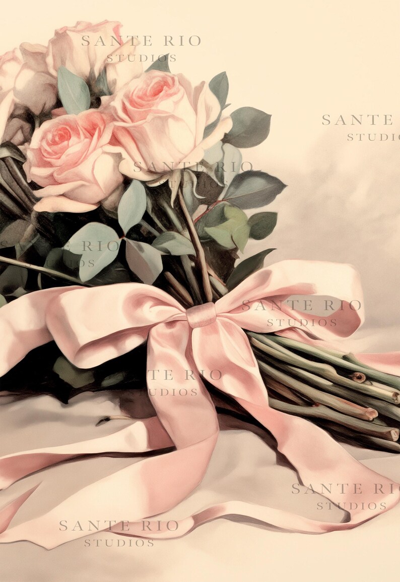 Rose Ribbon Bouquet Art Print: Vintage Floral With Pink Ribbon - Etsy