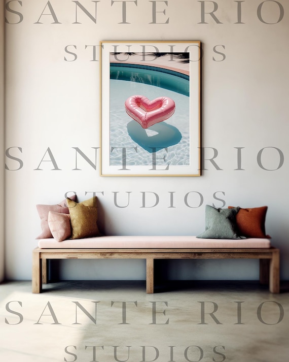 Palm Springs Art Print: Pink Heart Pool Floatie, Retro Home Decor