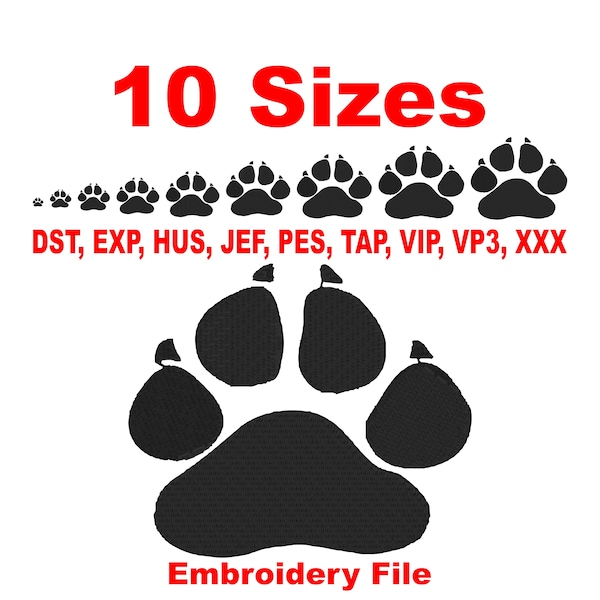 Panther Paw Embroidery Design: A Set of 10 Sizes with Instructional PDF, Perfect for Various Projects