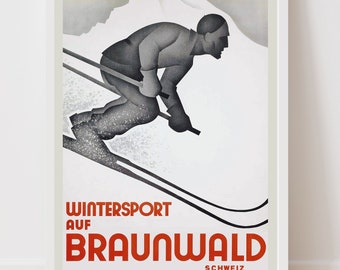 Winter Sport in Braunwald Switzerland Vintage Ski Poster - Framed Print - Canvas Art Print