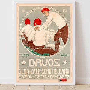 Davos Schatzalp-Schlittelbahn Switzerland Vintage Ski Poster - Framed Print - Canvas Art Print