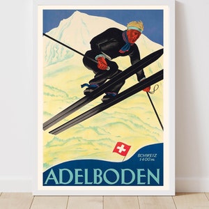 Póster de esquí vintage de Adelboden, Suiza, Berna, esquí, deportes de invierno, impresión enmarcada, impresión artística en lienzo