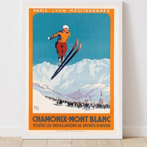 Chamonix-Mont Blanc Oberland Winter Sport France Vintage Ski Poster - Framed Print - Canvas Art Print