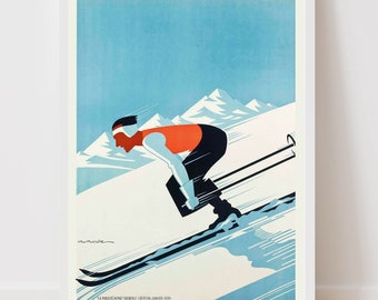 May include: A vintage poster featuring a skier in a red and black outfit, skiing down a snowy mountain. The poster has a blue sky background and white mountains in the distance. The text on the poster reads "The Miracle of Winter Sports".